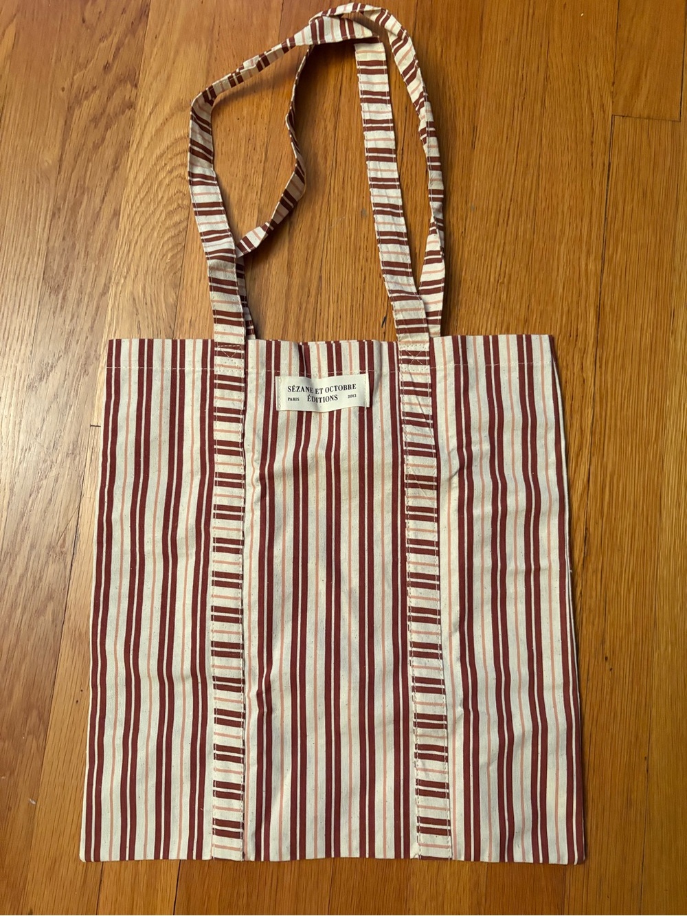 Sezane et Octobre Editions Burgundy and Cream Striped Cotton Tote